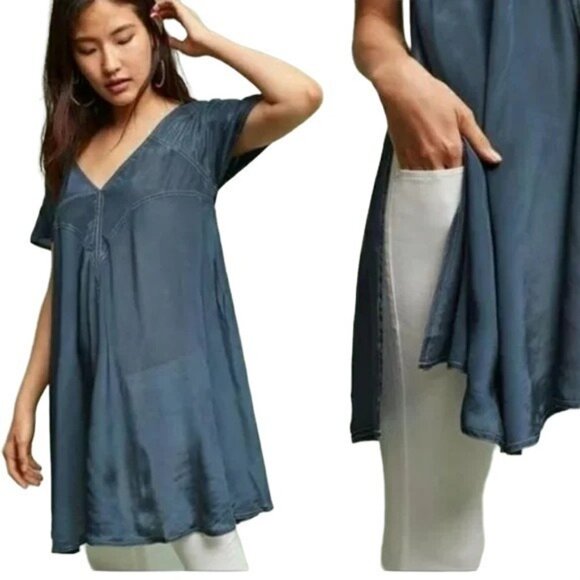 Anthropologie Akemi + Kin Blue Satin Tunic - Picture 2 of 7